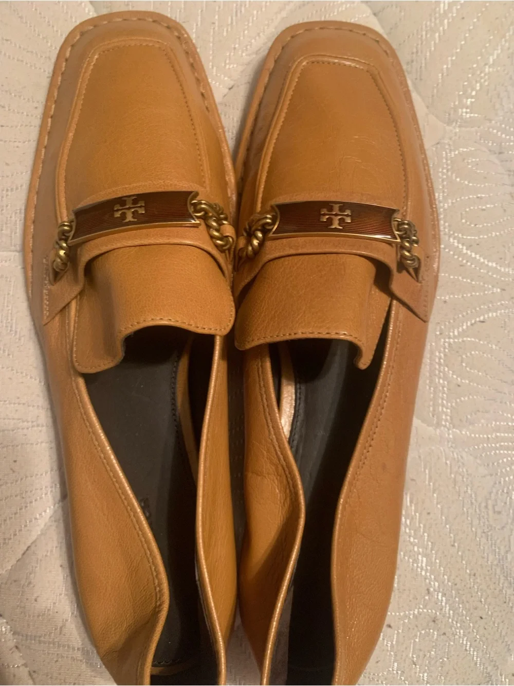 Tory Burch Chestnut Brown Leather Slip-On Loafers with Logo Hardware